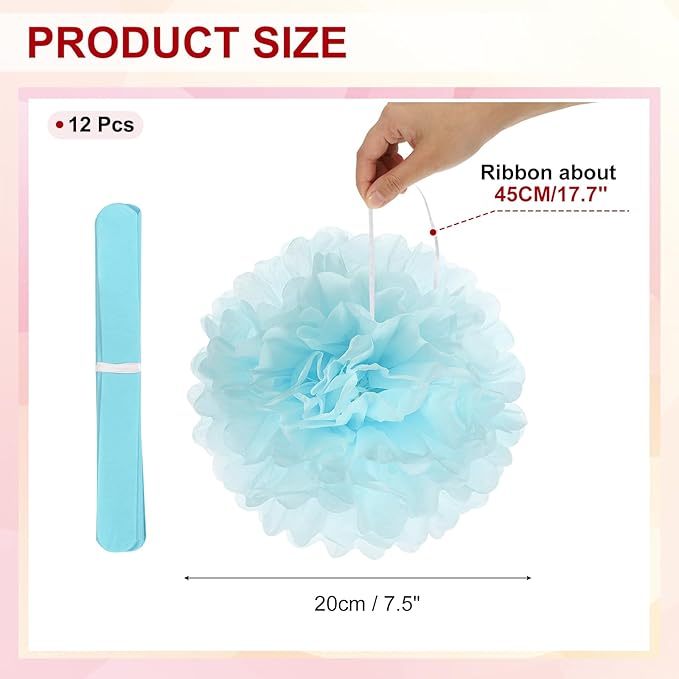PATIKIL 8inch Tissue Paper Pom Poms, 12PCS Pom Poms Paper Flowers Ball Tissue Paper Flowers for Wedding Bridal Shower Birthday Bachelorette Party Backdrop Decoration, Light Blue