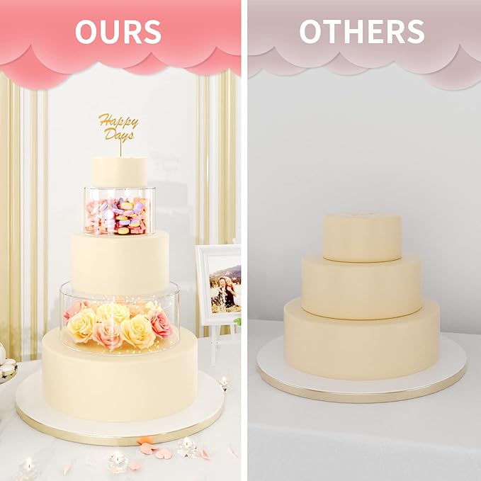 NPPLUS 2PCS Acrylic Fillable Cake Stand Cake Riser Cake Tier, Round Cylinder Display Riser Display Box, Decorative Centerpiece for Wedding Birthday Party (12" Dx4 H inch, 8" Dx4 H inch)