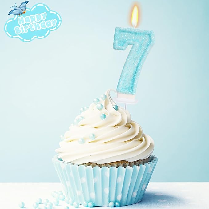 Blue Birthday Candles - Number 7 Candle for 7th Birthday Decorations for Girls Boys, Sky Blue Cake Decorations Sweet Theme Party Supplies