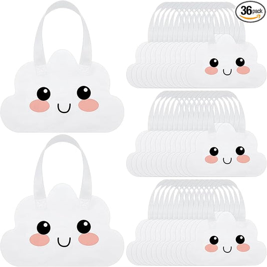 Tranqun 36 Pcs Clouds Party Bags Bulk White Non Woven Tote Cloud Goodie Bags with Handle for Birthday Gender Reveal Baby Shower Party Favors