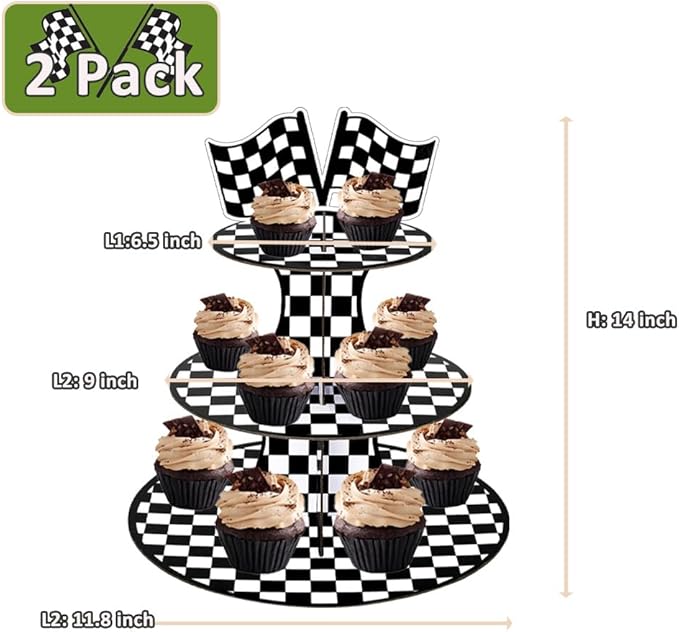 MRPAPA Carboard Cupcake Stands, Set of 2 Tiered Dessert Tray Purple, 3 Tier Paper Race Theme Cupcake Tower Holder for 24 Cupcakes Perfect for Birthday Baby Shower Party Supplies (Race)