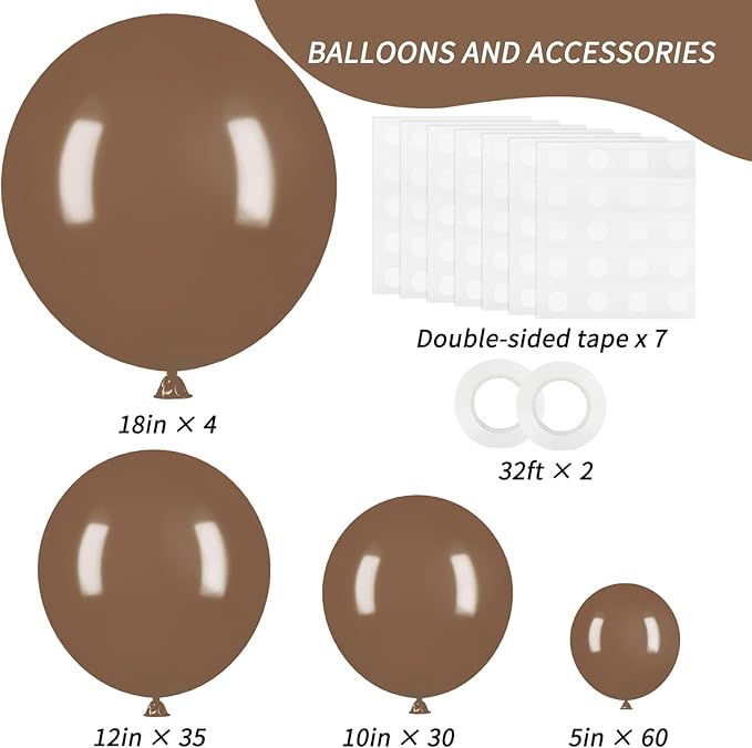 RUBFAC Brown Balloons, 129pcs Different Sizes 18 12 10 5 Inches for Garland Arch Kit, Premium Boho Coffee Brown Latex Balloon for Birthday Party Graduation Wedding Anniversary Baby Shower Decoration