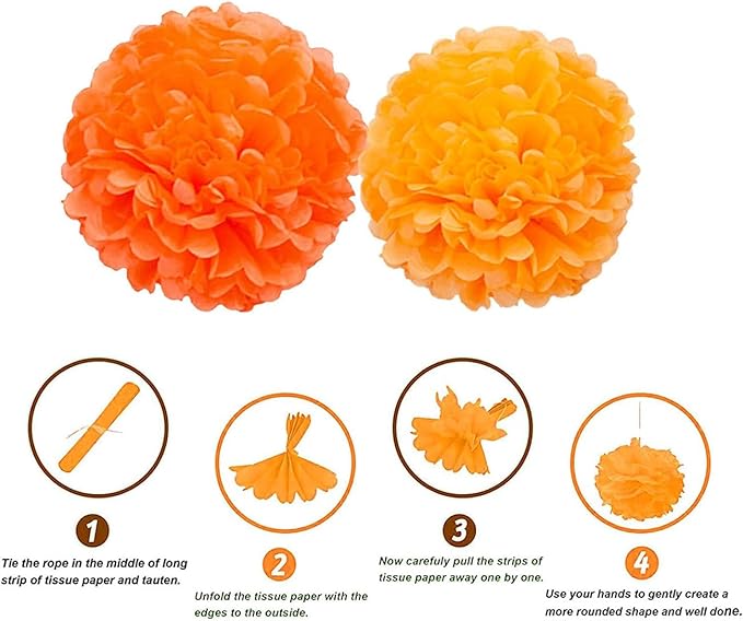 XIKSXITN 12 pcs Orange Paper Pom Poms Decorations for Party in 2 Colors,Ceiling Hanging Tissue Paper Flowers Decorations (8&10&12 inch)