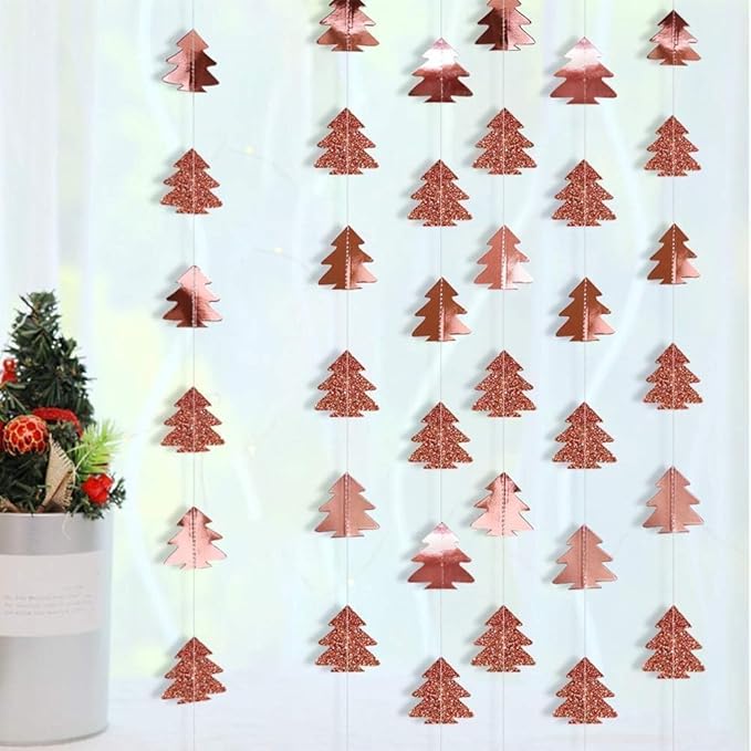 Cheerland Rose Gold Christmas Tree Garland Happy Holidays Banner Woodland Theme Party Decoration Xmas Hanging Backdrop Christmas Banner Wall Decor for Winter Birthday Party New Year Decorations