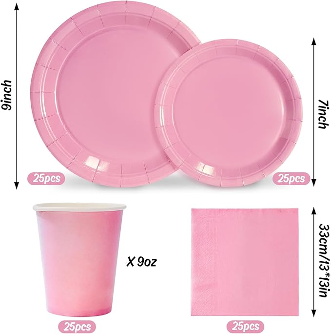 Whaline 100Pcs Light Pink Party Supplies for 25 Guests Disposable Tableware Set Paper Plates Napkins and Cups for Wedding Bridal Baby Shower Birthday Gender Reveal Mothers Day Decor