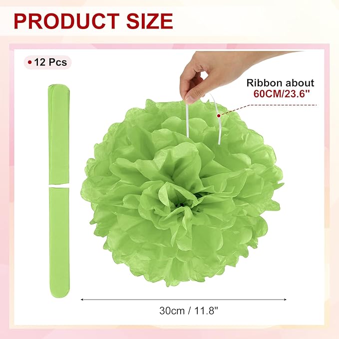 PATIKIL 12inch Tissue Paper Pom Poms, 12PCS Pom Poms Paper Flowers Ball Tissue Paper Flowers for Wedding Bridal Shower Birthday Bachelorette Party Backdrop Decoration, Light Green