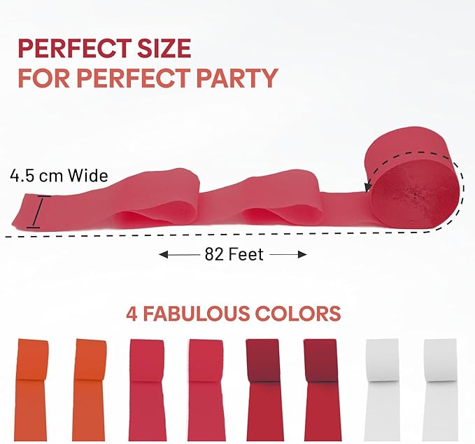 Crepe Paper Streamers - 8 Rolls, 656ft Pack in Red, White & Orange for Parties & Birthdays (1.8 in x 82 ft/Roll)