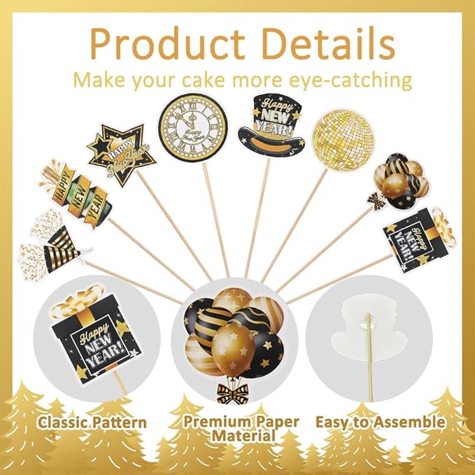Happy New Year 2026 Cupcake Toppers, 24 PCS Happy New Year Decorations, Black and Gold Cupcake Toppers Cake Decorations Food Picks for New Year's Eve 2026 Party Decoration Supplies, 8 Designs