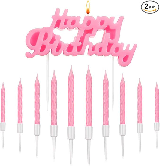 MTLEE Happy Birthday Candles Letter Cake Topper with 10 Pcs 2.95 Inch Short Thin Spiral Candles for Cake Topper Birthday Decoration Party Supplies(Pink)