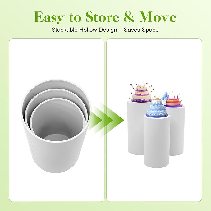 White Cylinder Stands for Party Set of 3 Cylinder Pedestal 3 Sizes(19.68/21.65/23.62Inch) Load Capacity 44-66lbs Pedestal Display for Weddings, Birthday Parties