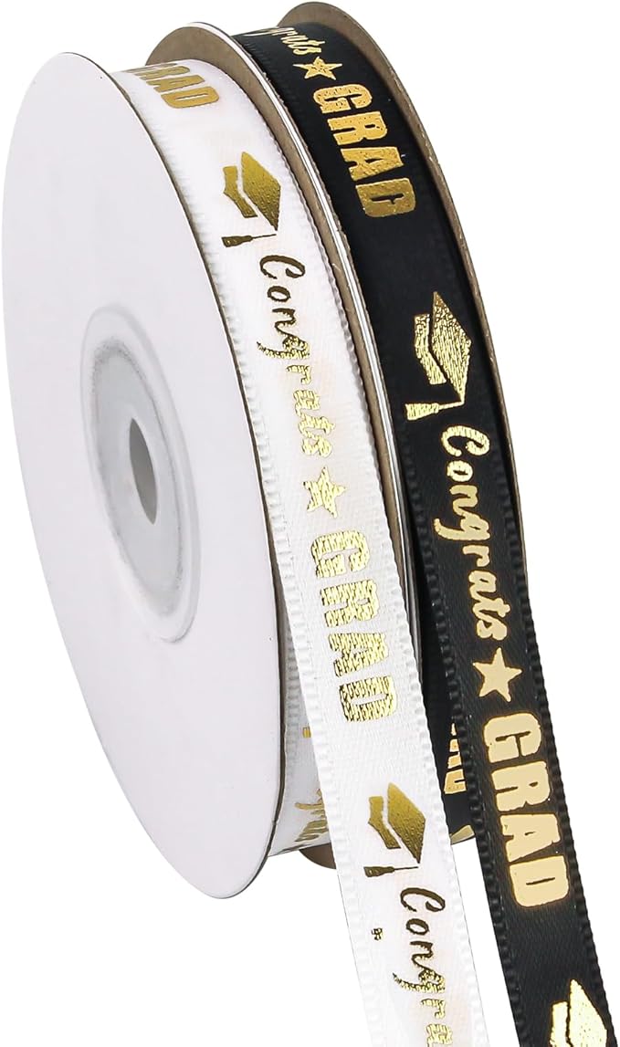 2 Rolls 50 Yards Graduation Ribbon 3/8 Inch Wide, Congrats Grad Gold Satin Ribbon for Gift Wrapping Class of 2026 Graduation Party Decorations DIY Crafts