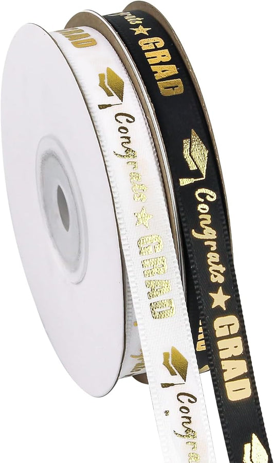 2 Rolls 50 Yards Graduation Ribbon 3/8 Inch Wide, Congrats Grad Gold Satin Ribbon for Gift Wrapping Class of 2026 Graduation Party Decorations DIY Crafts