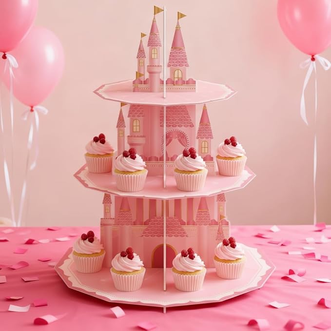 KALEFO Princess Party Supplies 3 Tier Cupcake Stand Birthday Decorations Pink Castle Cake Treat Table Decor(Princess)