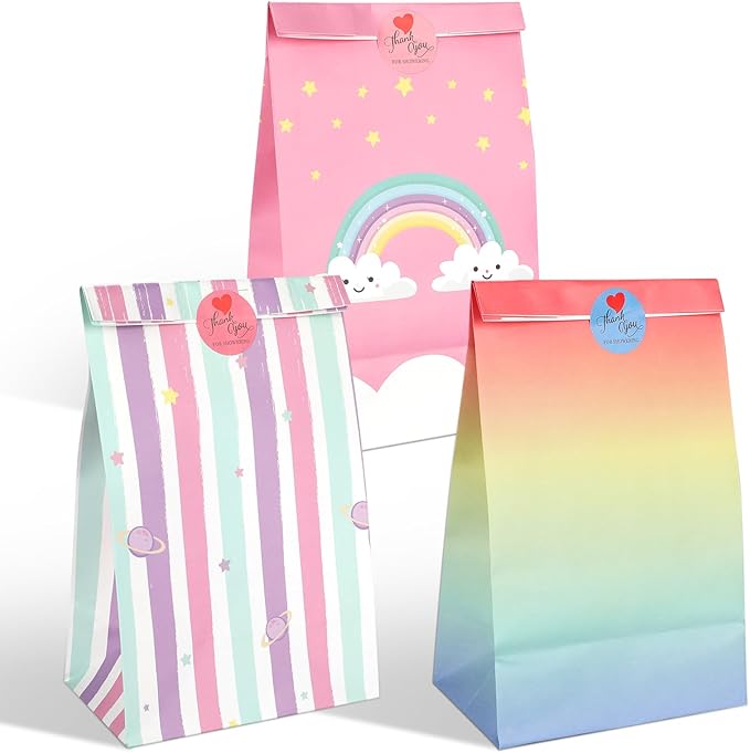 20Pcs Rainbow Party Favor Bags with Stickers, Rainbow Cloud Goodie Candy Bags Treat Bags, Kraft Paper Gift Bags for Birthday Baby Shower Party Supplies