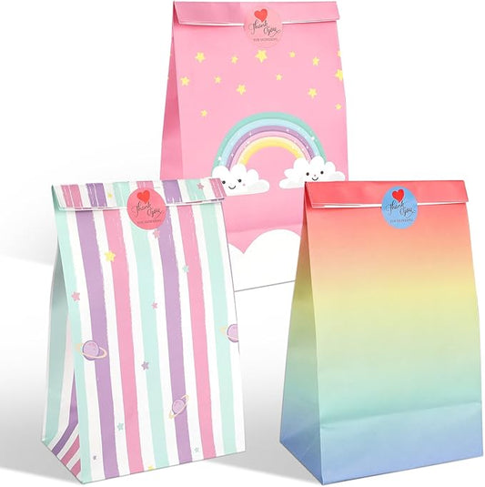 20Pcs Rainbow Party Favor Bags with Stickers, Rainbow Cloud Goodie Candy Bags Treat Bags, Kraft Paper Gift Bags for Birthday Baby Shower Party Supplies