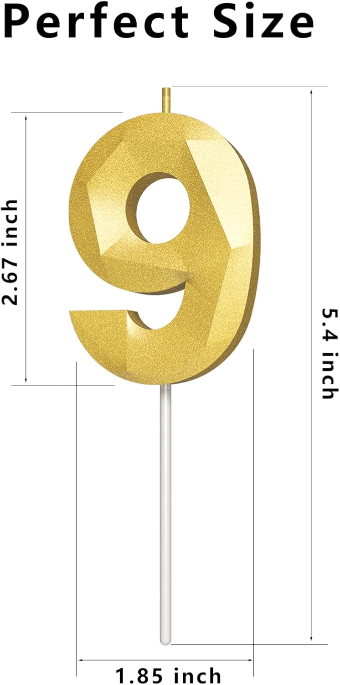 Number Birthday Candles(9 Candle Gold) 3D Diamond Shape Number Happy Birthday Cake Candles for Birthday Party Wedding Decoration Reunions Theme Party
