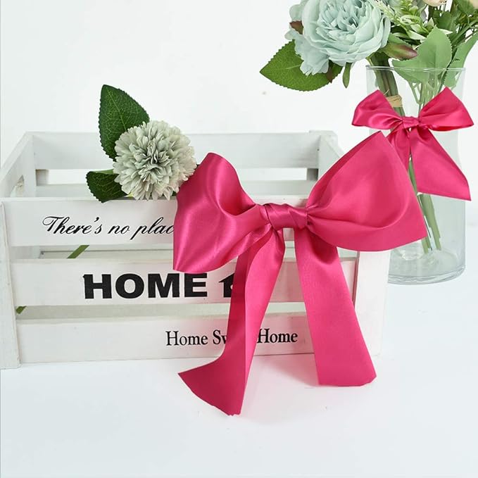 TONIFUL 4 Inch x 22 Yards Wide Hot Pink Satin Ribbon Solid Fabric Large Ribbon for Cutting Ceremony Kit Grand Opening Chair Sash Table Hair Car Bows Sewing Craft Gift Wrapping Wedding Party Decoration