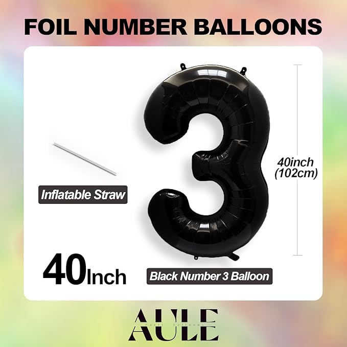 AULE 40 Inch Big Black 3 Balloon Number Large Foil Helium Number Balloons 0-9 Jumbo Giant Happy 3rd Birthday Party Decorations for Boy or Girl Huge Mylar Anniversary Party Supplies
