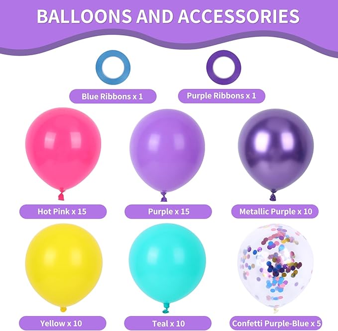 RUBFAC Pink and Purple Balloon Bithday Balloons, 65pcs 12 Inches Purple Metallic Teal Yellow Confetti Party Balloons for Magic Hunters Theme Birthday Baby Shower Decoration