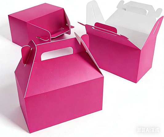 XAGLVV 24 Pack Hot Pink Paper Gable Boxes,6.2 Inch Candy Boxes with Handle, Snack Party Favor& Gift Cookie bags for kids Birthday,Wedding, Baby Shower, Graduation.
