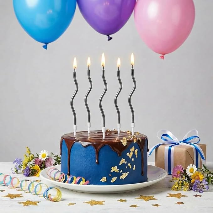 12-Count Spiral Birthday Candles, Long Twisty Party Candles with Candle Holders, Long Burning for Weddings, Birthdays, Party Decorations, Cupcakes, Anniversary and Meetups (Black)
