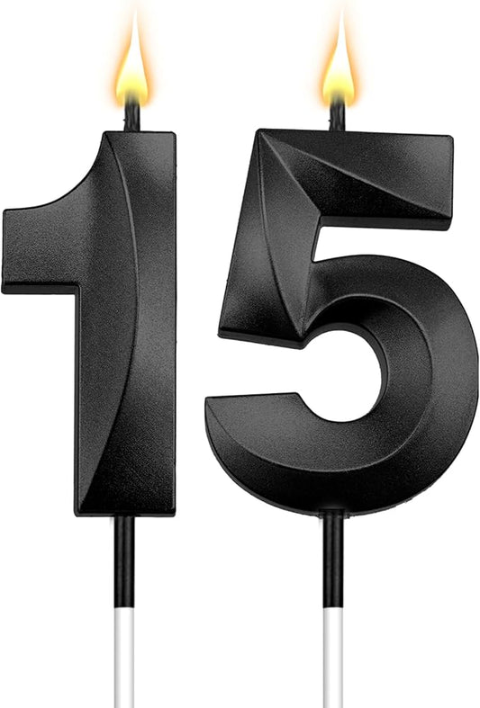 15th Birthday Candles 15 Candles for 15th Birthday Decorations for Boys Happy 15 Birthday Cake Topper Black Birthday Candles Black Number Candles