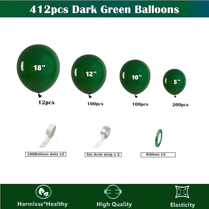 412pcs Dark Green Balloons 18 12 10 5 Inch Dark Green Balloon Garland Arch Kit Different Sizes Matte Latex Balloons for Baby Shower Green Theme Birthday Summer Jungle Forest Party Decoration