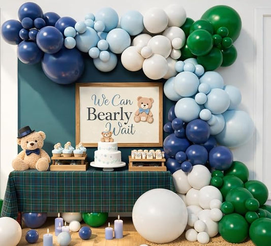 Boys Bear Gentleman Navy Green Balloon Arch Garland Kit for Beary First Birthday Vintage Polo Luxury Baby Shower Party Decoration (Navy Blue Dark Green)