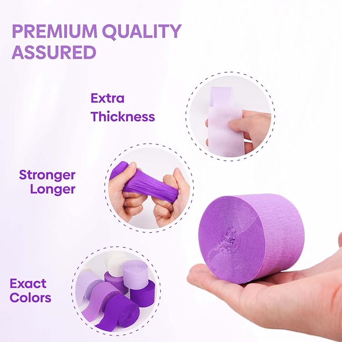 8 Purple Streamers Rolls, 656ft Pack of Purple Crepe Paper with White for Party Decorations, Birthday Decorations, Party Streamers (1.8 inch x 82 ft/Roll)