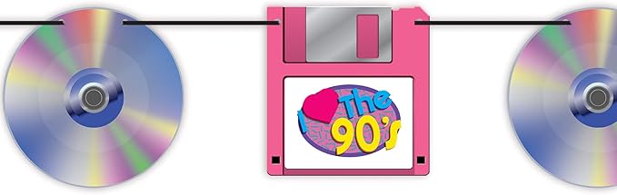 Beistle CD & Floppy Disk Streamers – 2 Pack Hanging 90s Theme Garland Decorations with Black Ribbon, Retro Party Backdrop for Birthdays, Throwback Nights and Photo Booth Displays, 7" x 5'