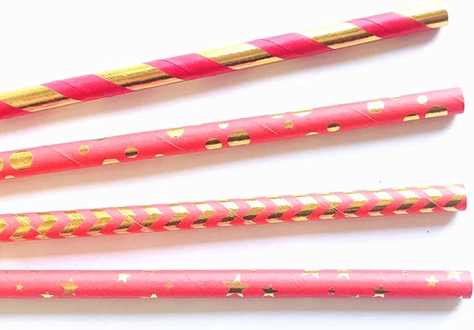 100 pcs Mixed Biodegradable Party Paper Straws, Disposable Red Gold Foil Striped Chevron Dot Star Drinking Straws Bulk, Holiday Christmas Valentine Wedding Cake Pop Sticks (All Wrapped Up)