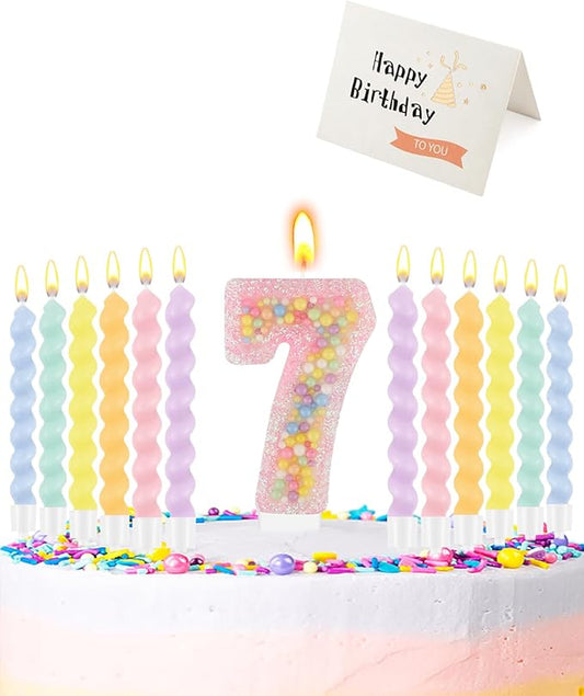 Birthday Candles for Cake, Macaron Number Candles, Cake Candles with Greeting Card for Birthday Party Wedding Anniversary Celebrations (7 Candle)