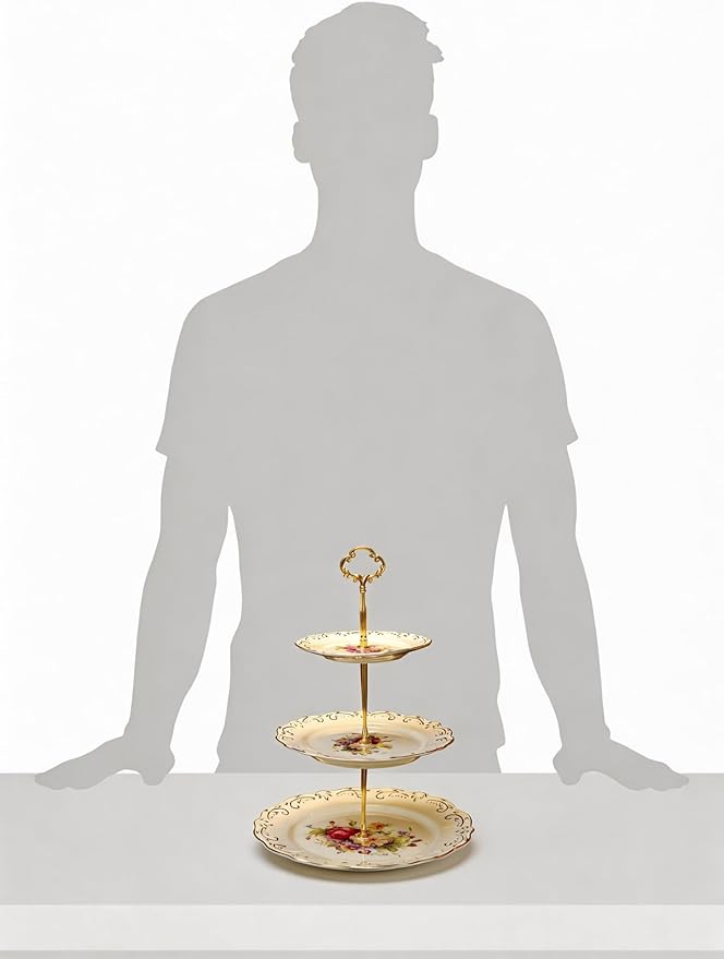 YOLIFE Flowering Shrubs 3 Tiered Cupcake Stand, Emboss Golden Leaves Edge Pastry Tower, 6-8-10 inch