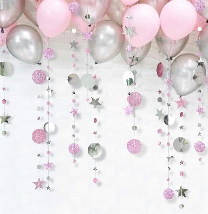 Decor365 Silver Pink Star Garland Decorations Twinkle Little Star Birthday Baby Shower Graduation Party Decor Banner Moon Stars Starry Night Galaxy Planet Celestial Theme Backdrop