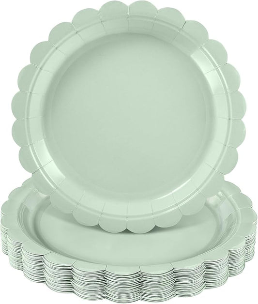 NatNarr 30 Pcs Sage Green Paper Plates 9 Inch Disposable Scalloped Wedding Plates Cute Dessert Cake Plate Party Dinner Plate for Spring, Bridal Baby Shower, Engagement, Birthday