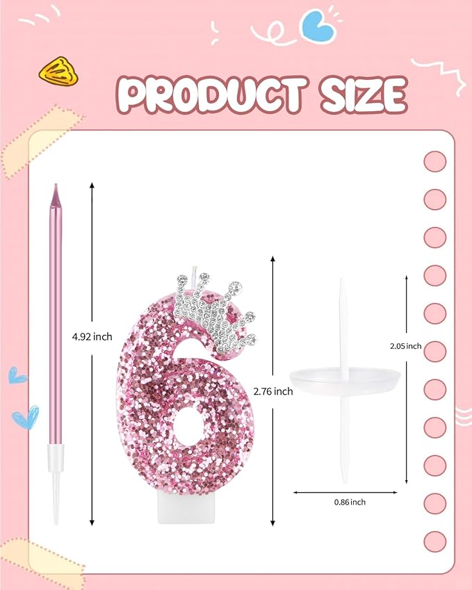 Birthday Candles for Cake, Pink Number Candles, Cake Candles with Greeting Card for Birthday Party Wedding Anniversary Celebrations (6 Candle, Silver Crown)