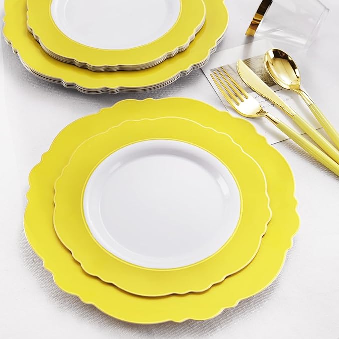WDF 150pieces Yellow Disposable Dinnerware Hign-end Baroque Design - Sturdy&Durable Baroque Yellow Sunshine&Gold Plastic Dinnerware for Upscale Wedding/Birthday/Party