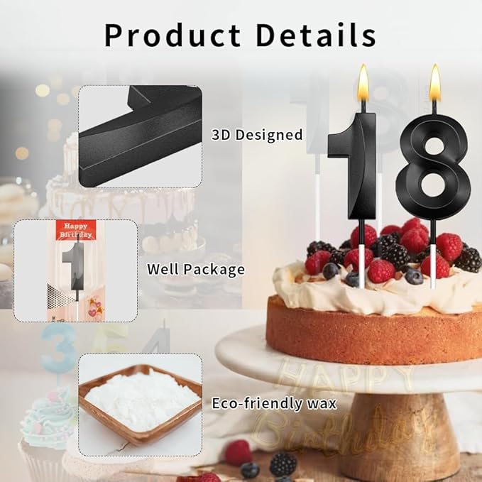 18th Birthday Candles 18 Candles for 18th Birthday Decorations for Boys Happy 18 Birthday Cake Topper Black Birthday Candles Black Number Candles (18)