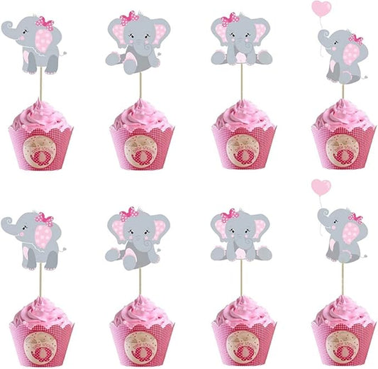 48pcs Pink Elephant Cupcake Toppers, Double Sided It's A Girl Picks, Cake Decorations for Elephant Theme Birthday Baby Shower Little Peanut Party Supplies
