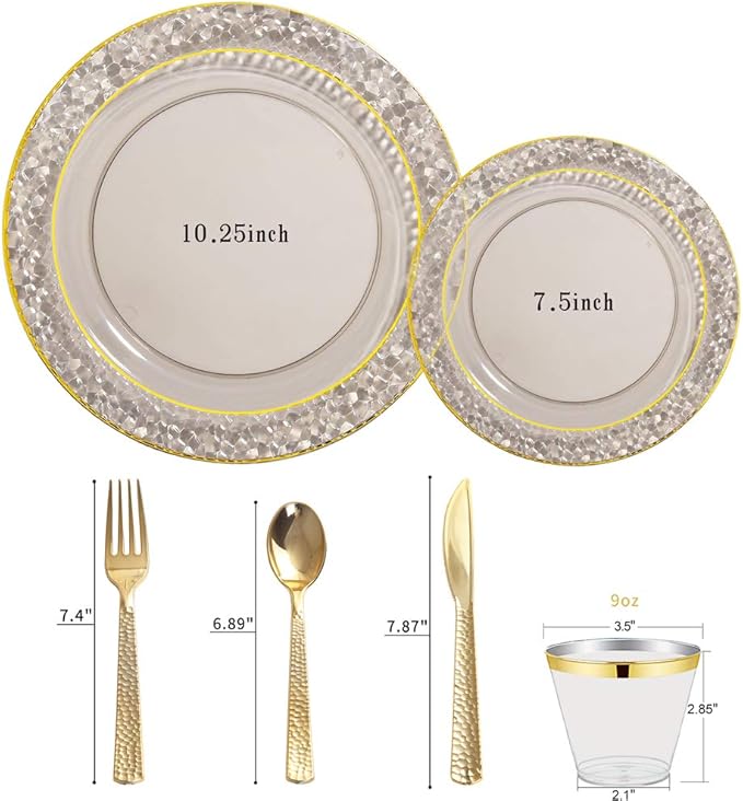 Nervure 150PCS Clear Black Plastic Plates - Gold Party Plates - Black and Gold Dinnerware Set Include: 50 Plate, 25Cups, 25Forks, 25Knives, 25Spoons for New Year & Party & Halloween