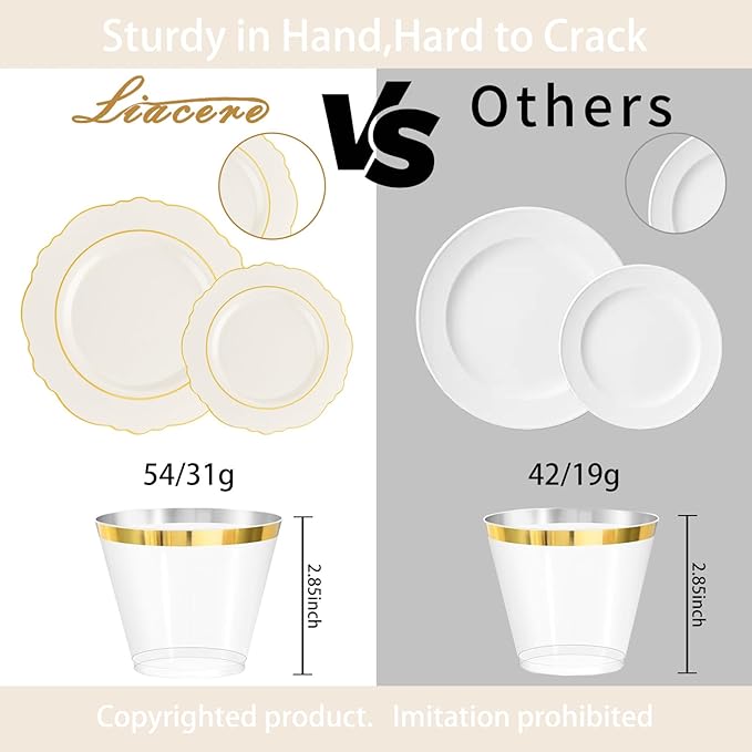 Liacere 350PCS Ivory Plastic Plates-Cream Disposable Plates With Gold Rim-50Guest Baroque Plastic Dinnerware include 100 Plates - 50 Pack Pre Rolled Napkins Silverware 50Cups for Wedding＆Mother's Day