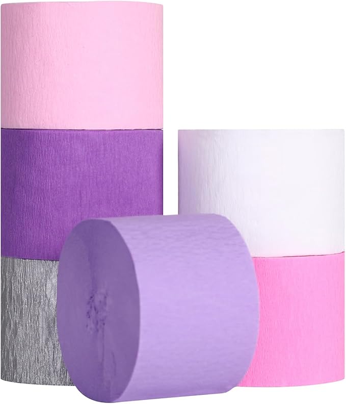 Suaxova Pastel Crepe Paper Streamers 6 Rolls 492ft, Pack of Pink Purple Silver Theme Party Streamers for Party Decorations, Birthday, Wedding, Baby Shower, Graduation, Christmas