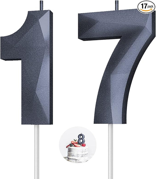 Number Birthday Candles(17 Candle Black) 3D Diamond Shape 17th Happy Birthday Cake Topper Decorations for Boy Men Birthday Wedding Anniversary Celebration Theme Party Supplies