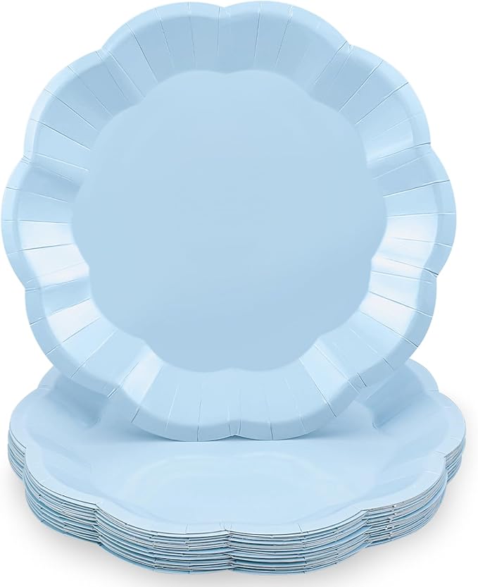 NatNarr 30 Pcs Light Blue Paper Plates 9 Inch Scalloped Baby Blue Plates Disposable Dinner Plate Party Plate for Wedding, Boy Baby Shower, Birthday, Party