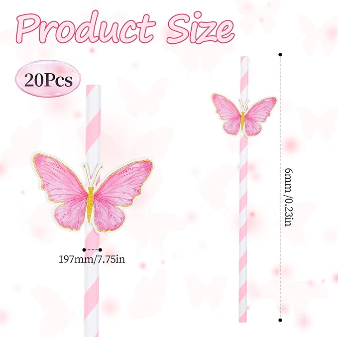 20 Pcs Butterfly Stripe Paper Straws, Pink Stripe Paper Party Straws Butterfly Floral Decor Cute Disposable Drinking Straws Set for Valentine's Day Birthday New Year Party Supplies Wedding
