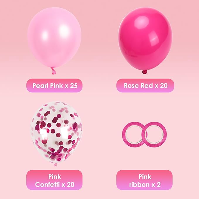 RUBFAC Pink Balloons, Party Balloon for Mother's Day, Hot Pink Balloons for Girls Princess Theme Birthday Decorations Baby Shower Bridal Shower, 65pcs