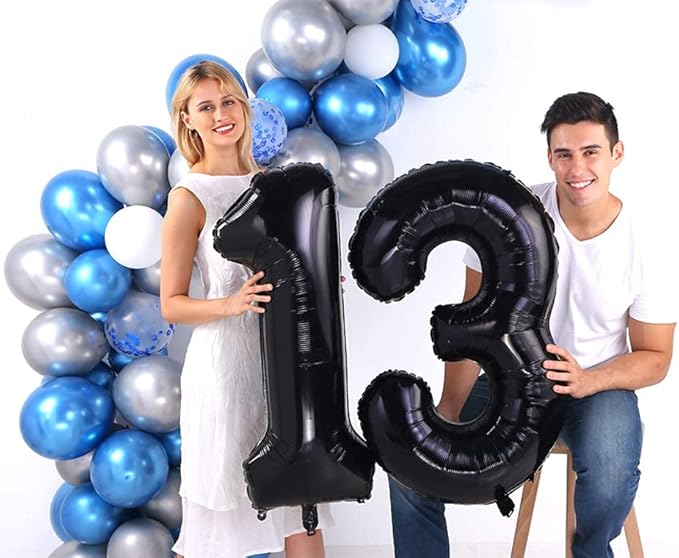 Black 13 Number Balloons Big Giant Jumbo Large Number 13 Foil Mylar Balloon for Boy 13th Birthday Party Decorations