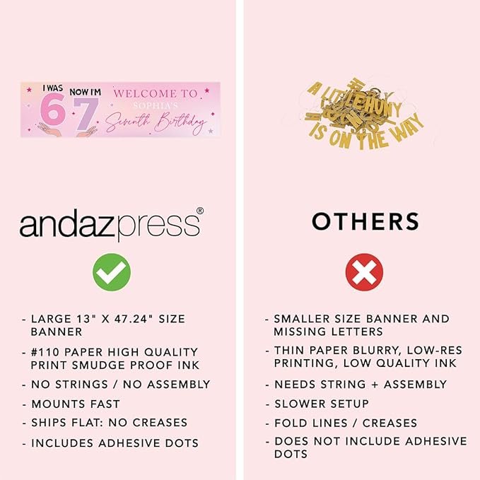 Andaz Press 13x48 Inch Custom 6 7 Birthday Banner Decorations, Personalized Birthday Banner with Custom Name, Pink 67 Happy Birthday Party Banner for Girls, Cute Backdrop for Home or Party Décor