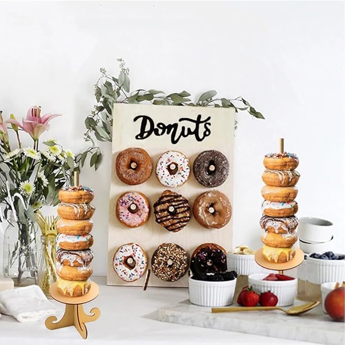 Donut Wall Display Stand 2PCS Donut Board Display with 2PCS Donut Tower Stand, Wooden Donut Holder Stand for Baby Shower Party Wedding Birthday