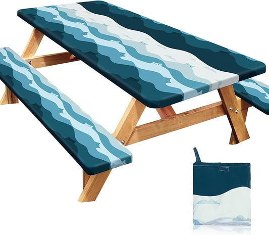 Picnic Table Cover with Bench Covers Windproof Waterproof Picnic Table Covers Camping Tablecloth with Self-Storage Bag, 96in, Blue Cat